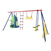 Xns092 Rinbow Colour Interesting Four Function Swingset With Net Swing And Face To Face Metal Plastic Safe Swing Seat 550Lbs For Outdoor Playground For Age 3 Blue Green Steel