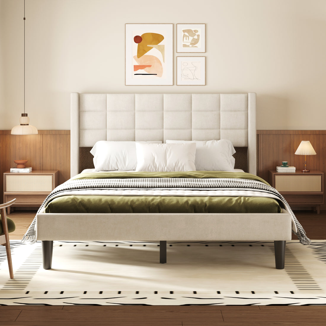 Queen Size Upholstered Platform Bed With Support Legs, Beige Box Spring Not Required Queen Beige Wood Bedroom Bed Frame Polyester Upholstered