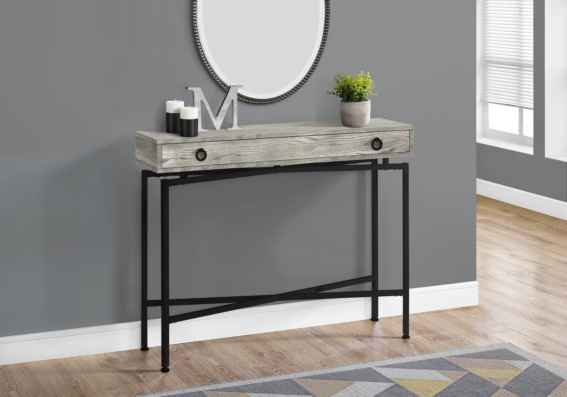 Accent Table, Console, Entryway, Narrow, Sofa, Storage Drawer, Living Room, Bedroom, Grey Laminate, Black Metal, Contemporary, Modern Grey Particle Board