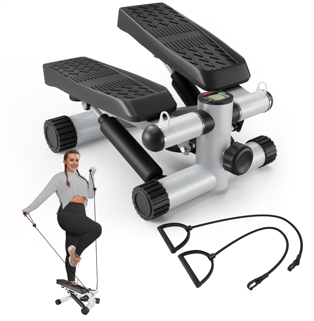 Steppers For Exercise, Stair Stepper With Resistance Bands, Mini Stepper With 330Lbs Loading Capacity, Hydraulic Fitness Stepper With Lcd Monitor, No Assembly Required Indoor Fitness White Black Durable Primary Living Space American Design,Contemporary