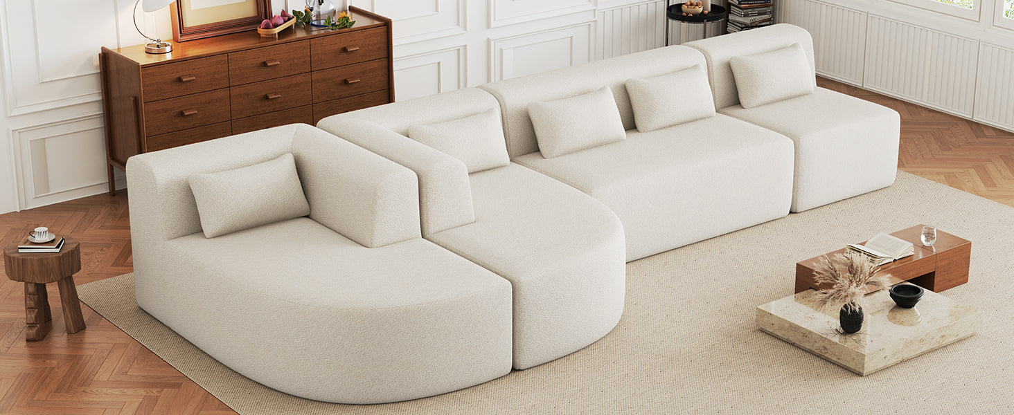 143.7" Upholstered Sofa Free Combined Sofa Couch With Two Chaise Lounge And Five Back Pillows For Living Room, Beige Beige Foam Polyester 5 Seat