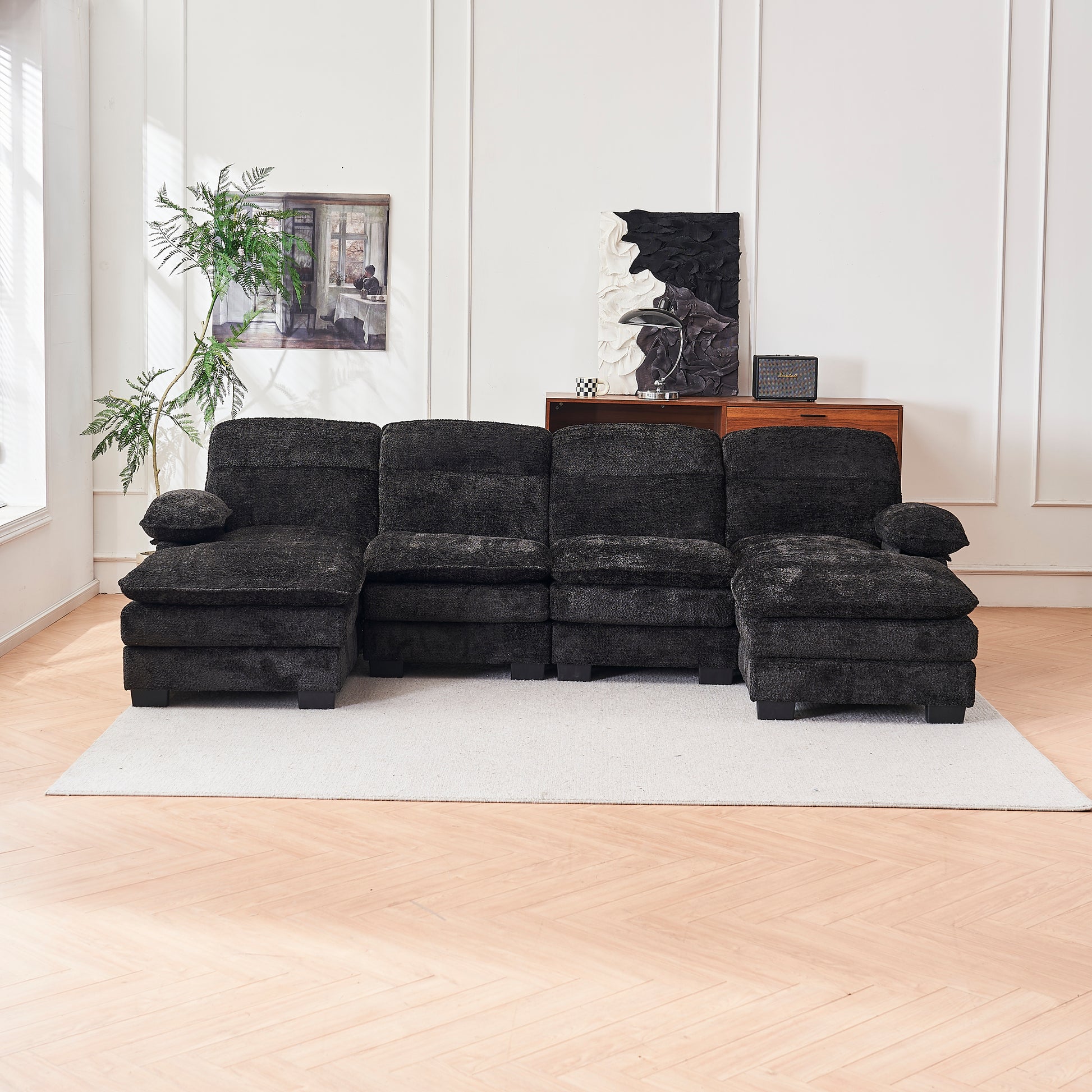 U Shaped Profile Sofa, Including Two Single Seats And Two Chaise, Modular Sofa, Chenille Sofa,Black Black Foam Polyester 4 Seat