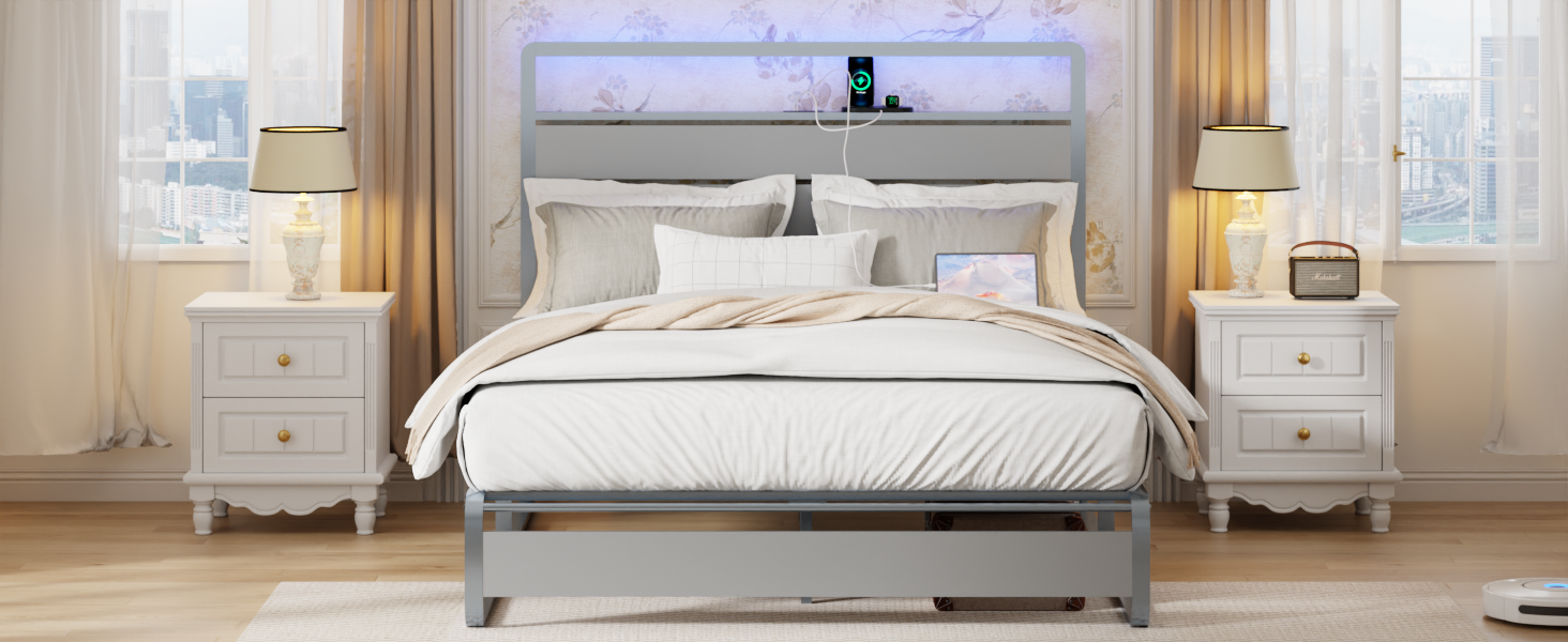 Queen Size Bed Frame With Headboard, Metal Platform Bed Frame With Charging Station, Heavy Duty Platform Bed Frame With Led, Easy Assembly, Silver Box Spring Not Required Queen Antique Silver Metal