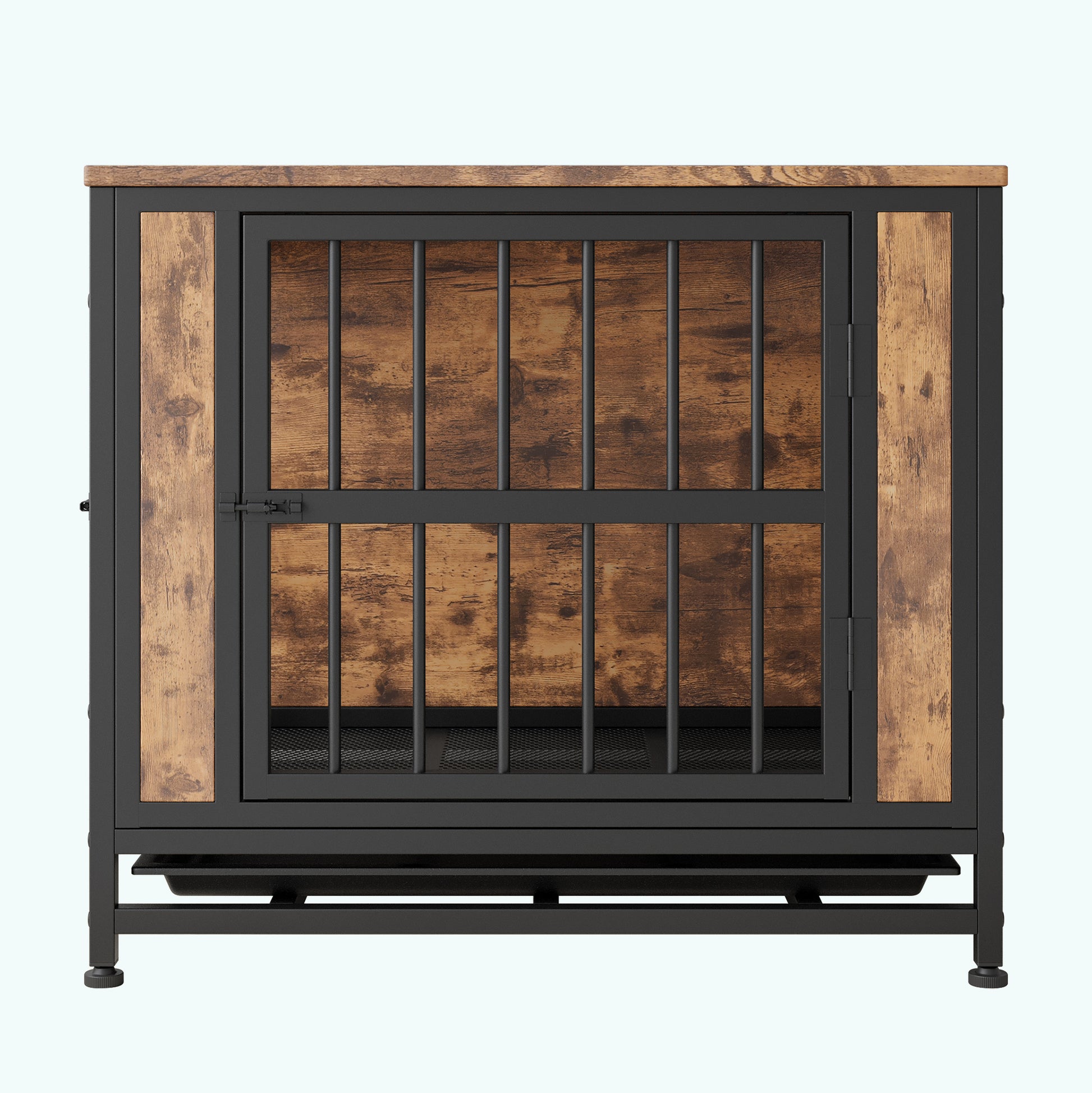 Dog Crate Furniture, Wooden Dog Crate Table, 27.48" Dog Kennel With 2 Sliding Doors And Thick Iron Door Frame, Decorative Pet Crate House For Small Dog Indoor Use Rustic Brown Black Brown Small 11 25 Lbs Mdf Metal