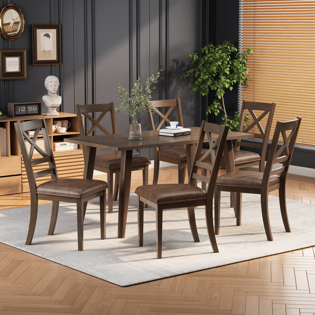 Indoor Wood Dining Set,Dining Chairs Set Of 6 Dining Table Brown Brown Rubber Wood