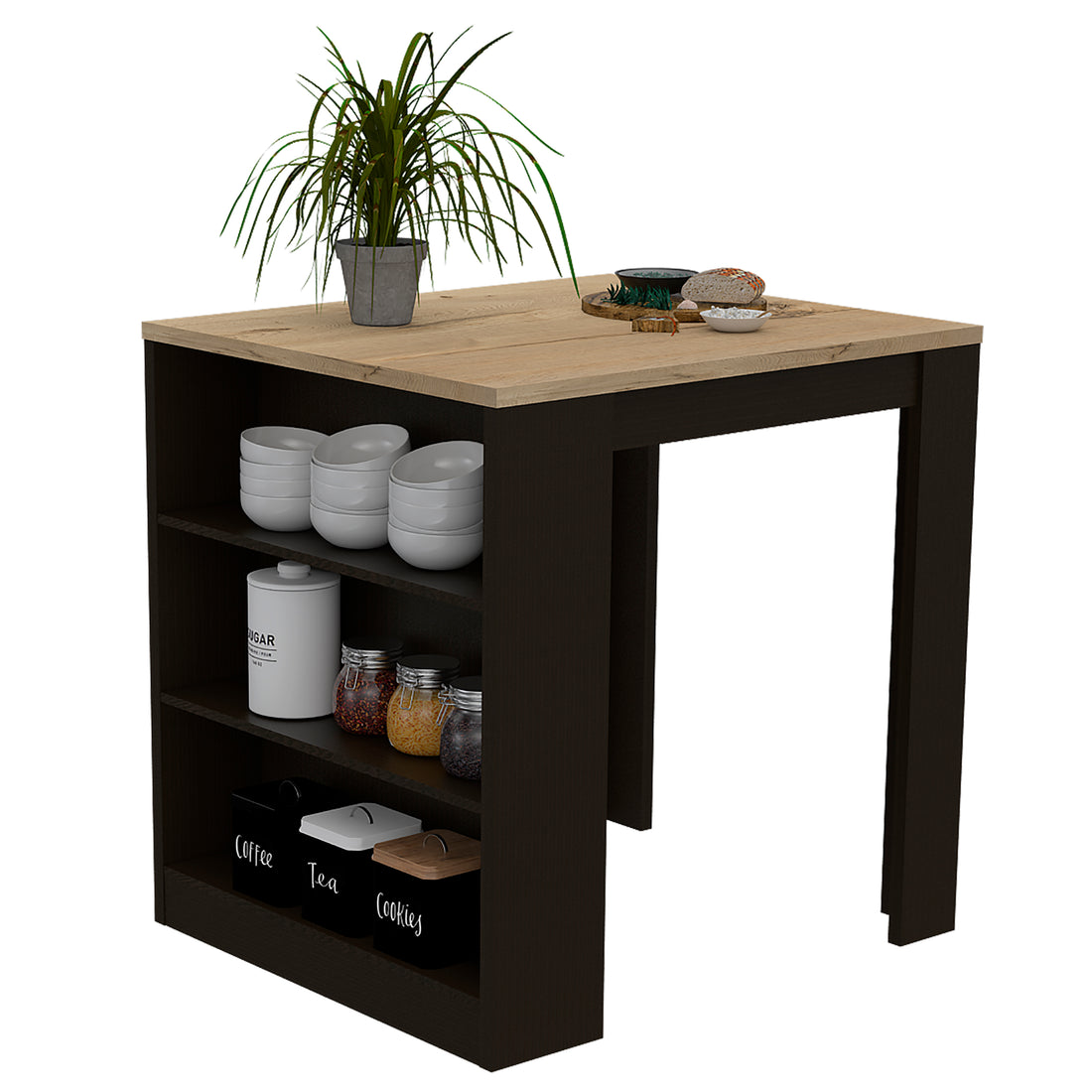 Kitchen Island Table, Two Legs, Three Side Shelves, Black Pine Multicolor Solid Wood Mdf Engineered Wood