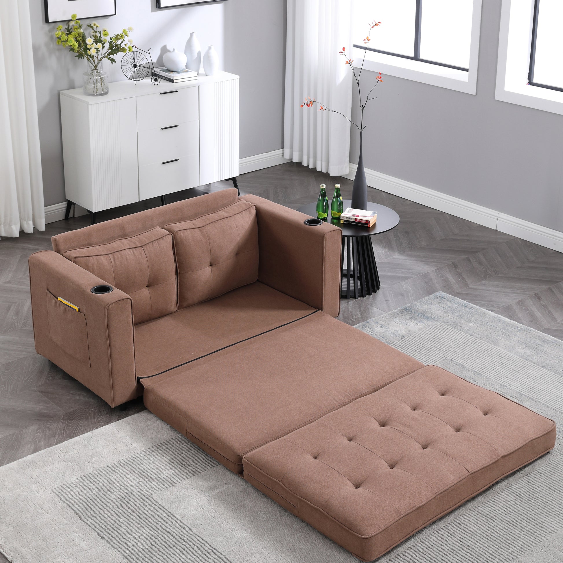 3 In 1 Upholstered Futon Sofa Convertible Floor Sofa Bed,Foldable Tufted Loveseat With Pull Out Sleeper Couch Bed,Folding Mattres Beautiful Seat Daybed W Side Pockets For Living Room, Brown Brown Foam Fabric 2 Seat