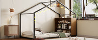 Twin Size Metal Bed House Bed Frame With Shelves And Lights, Black Twin Black Metal & Wood