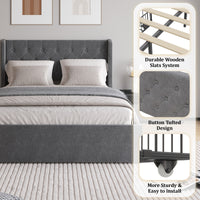 Full Size Bed Frame With 4 Storage Drawers And Wingback Headboard, Button Tufted Design, Dark Grey Full Dark Gray Linen