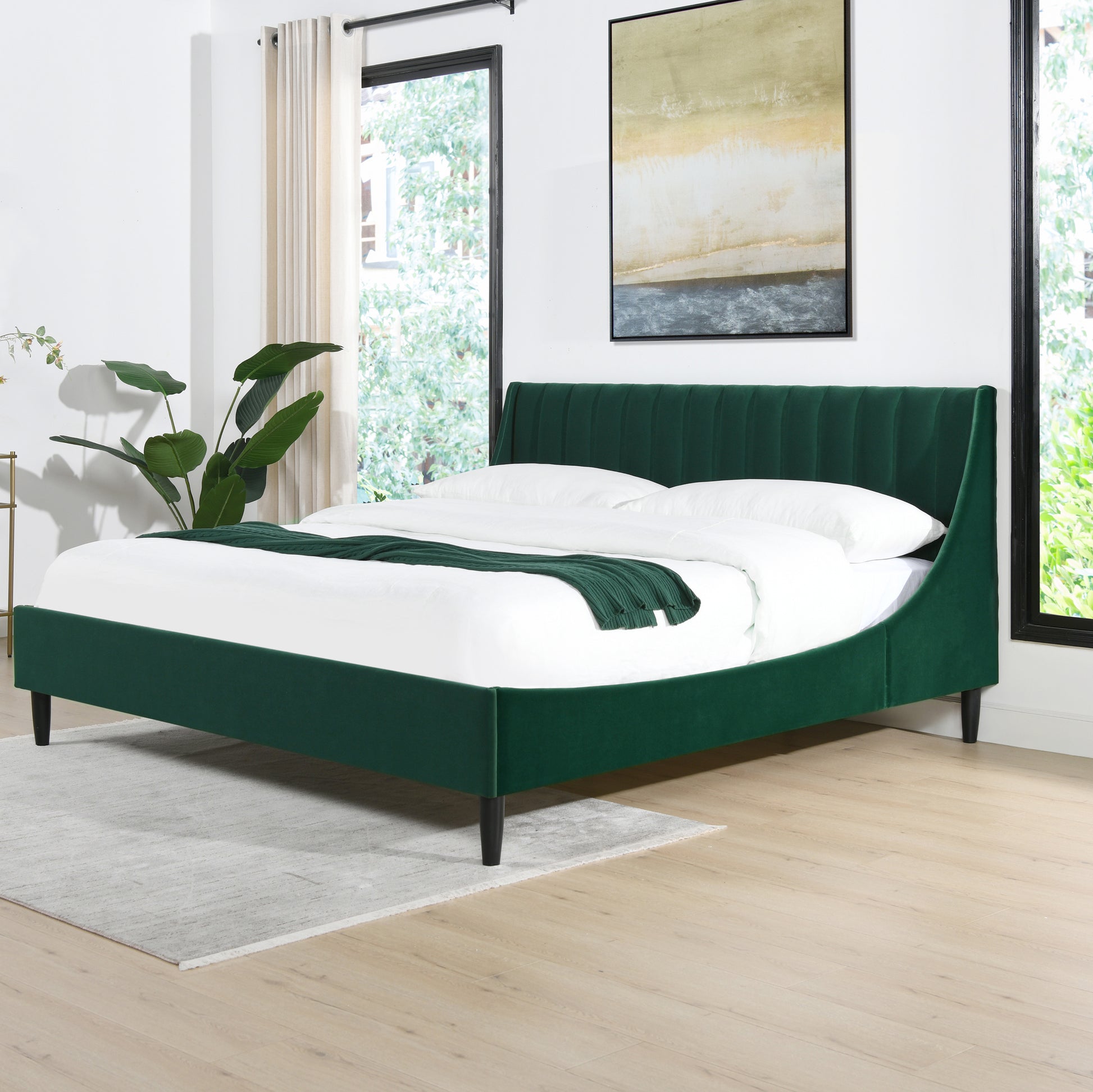 Aspen Vertical Tufted Modern Headboard Platform Bed Set, California King, Evergreen Velvet Box Spring Not Required California King Green Wood Foam Velvet Velvet