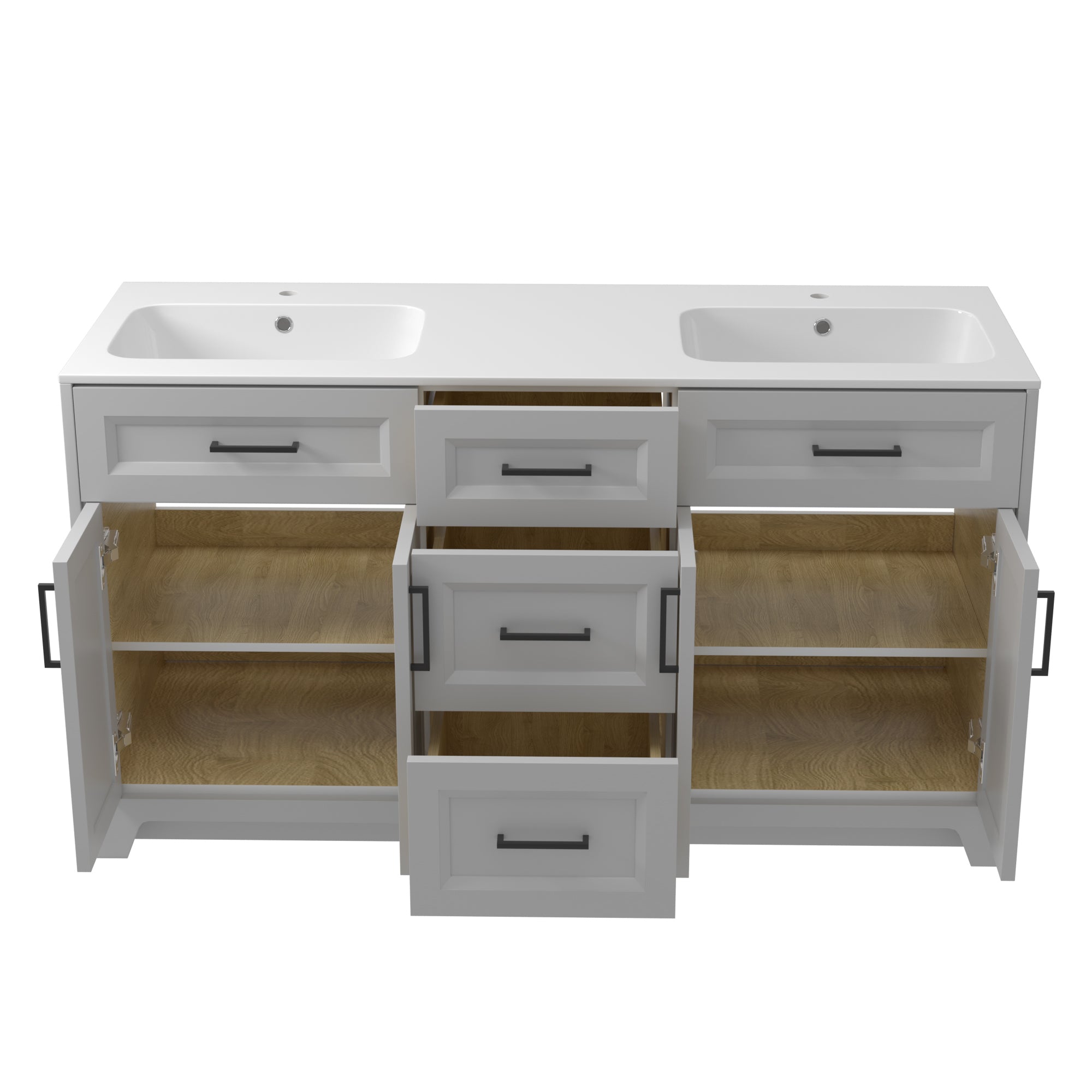 Solid Wood 60 Inch Bathroom Vanity With Double Sink Combo, Modern Vanity Cabinet With 4 Soft Closing Doors & 3 Full Extension Dovetail Drawers Light Grey 3 Light Grey 4 4 48 In & Above 32 To 35 In Soft Close Doors Bathroom Freestanding Luxury,Modern 20