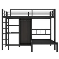 Metal Full Xl Over Twin Bunk Bed With Desk,Bookshelf ,Storage Shelves And Wardrobe,Black Black Metal