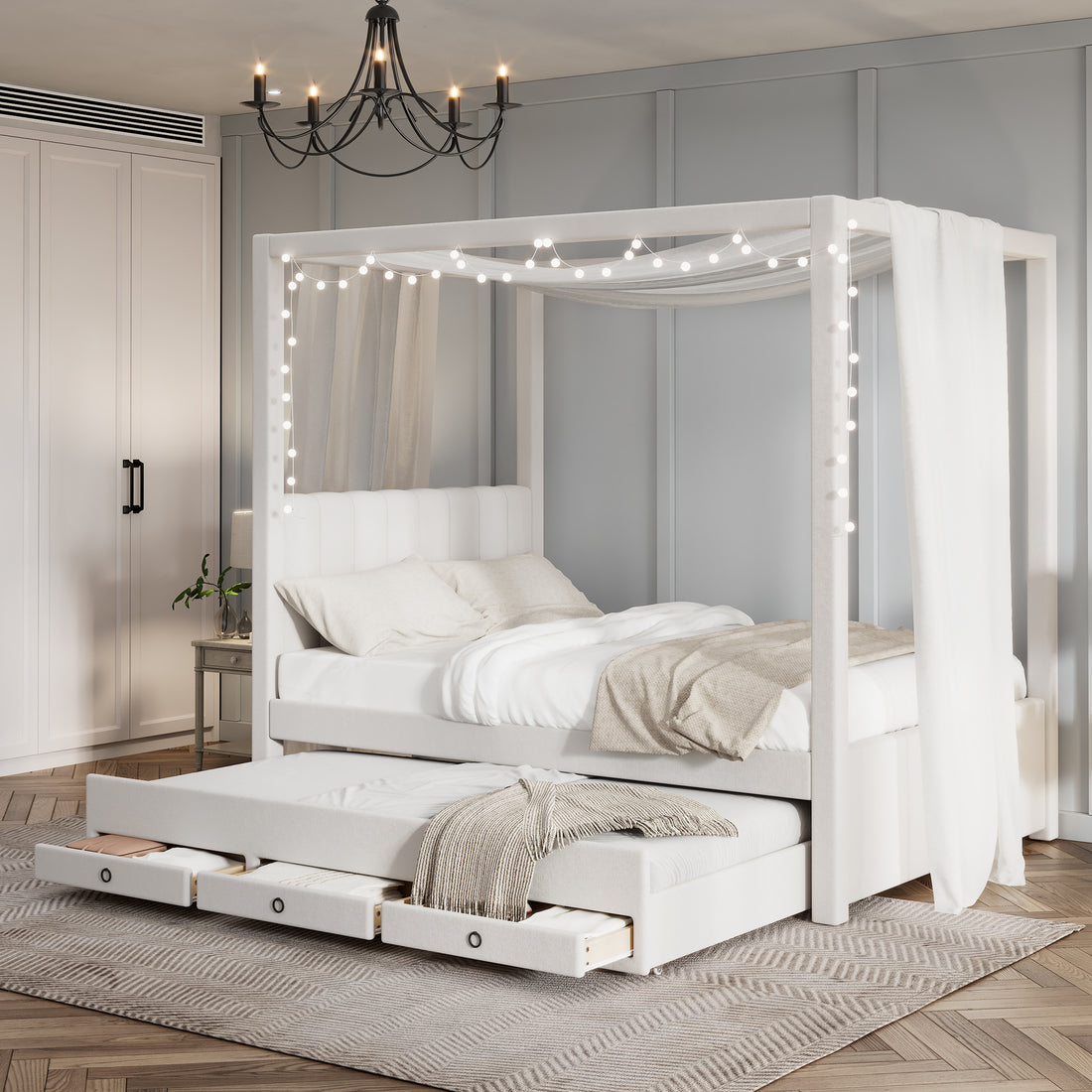 Full Size Upholstery Canopy Platform Bed With Trundle And Three Storage Drawers, Beige Full Beige Upholstered