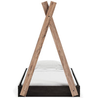 Pipa Modern Twin Size Bed, Crossed Wood A Frame Tent Stand, Jet Black Base Brown Wood