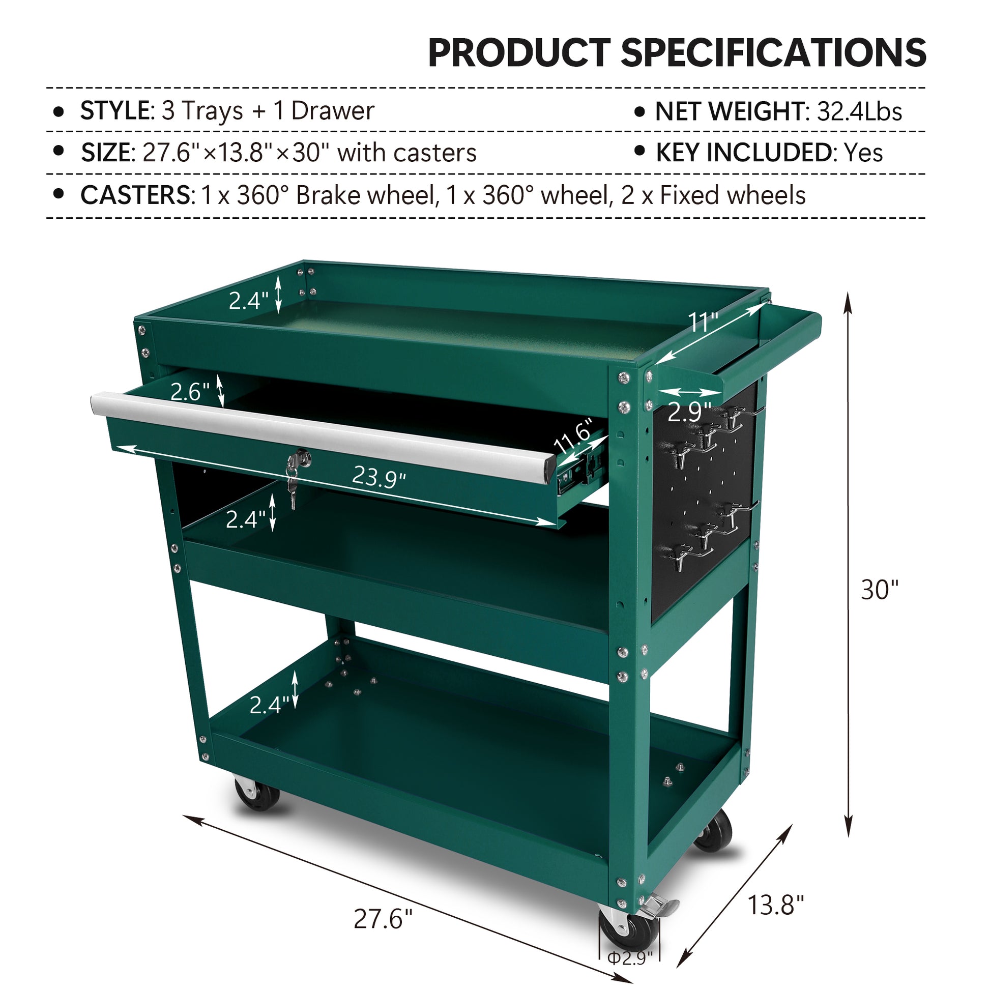 3 Tier Rolling Tool Cart, Heavy Duty Utility Cart Tool Organizer With Storage Drawer, Industrial Commercial Service Tool Cart For Mechanics, Garage, Warehouse & Repair Shop Green Steel