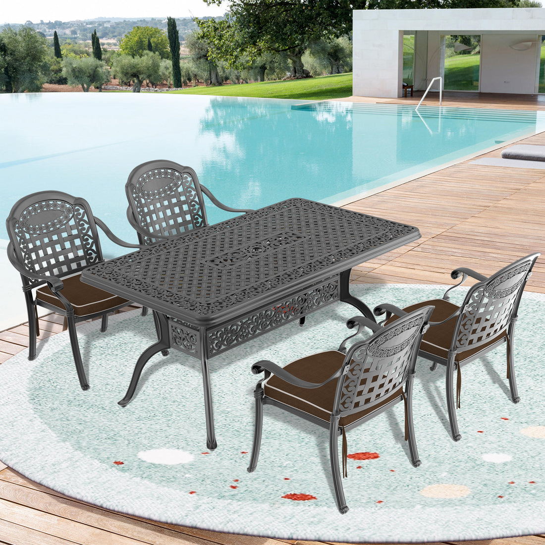 Cushions In Random Colors 5 Piece Set Of Cast Aluminum Patio Furniture With Cushions Yes Dining Set Black Seats 4 Rust Resistant Frame Water Resistant Cushion Garden & Outdoor Complete Patio Sets Aluminium