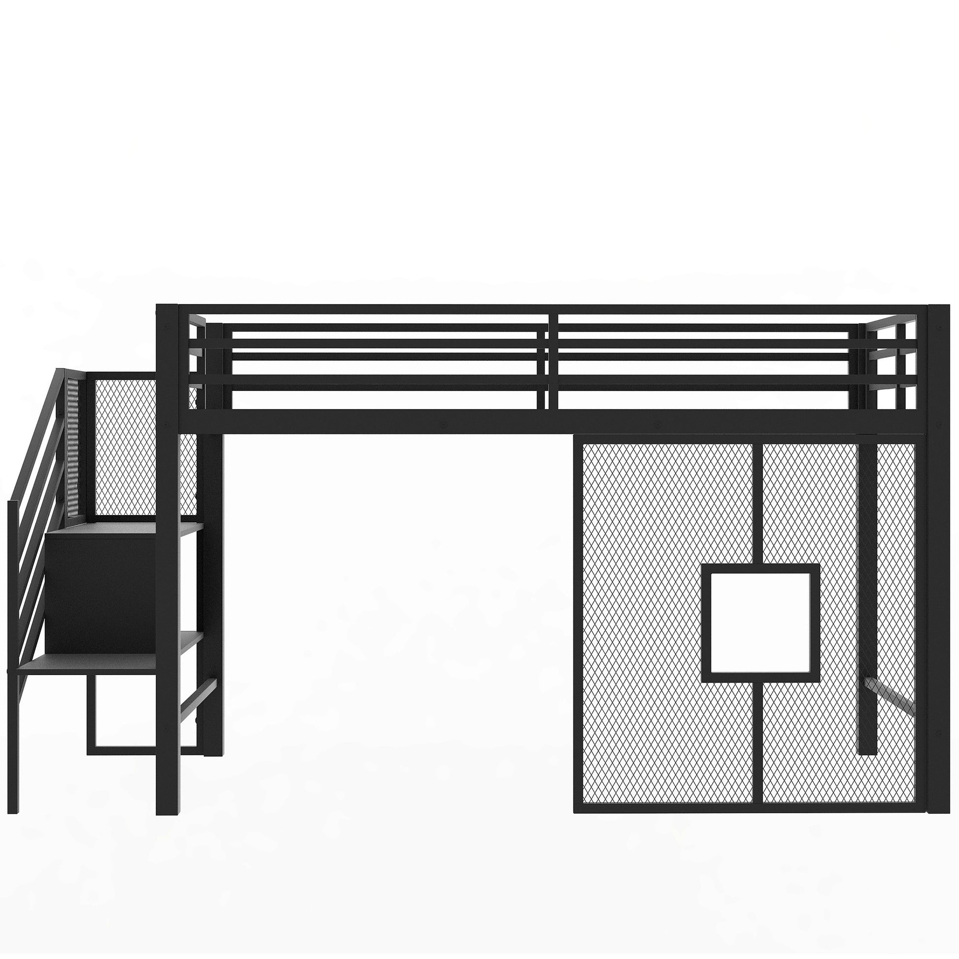 Twin Size Metal Low Loft Bed Frame With Storage Staircase And Iron Mesh,Black Expected Arrival Time:10.10 Black Metal