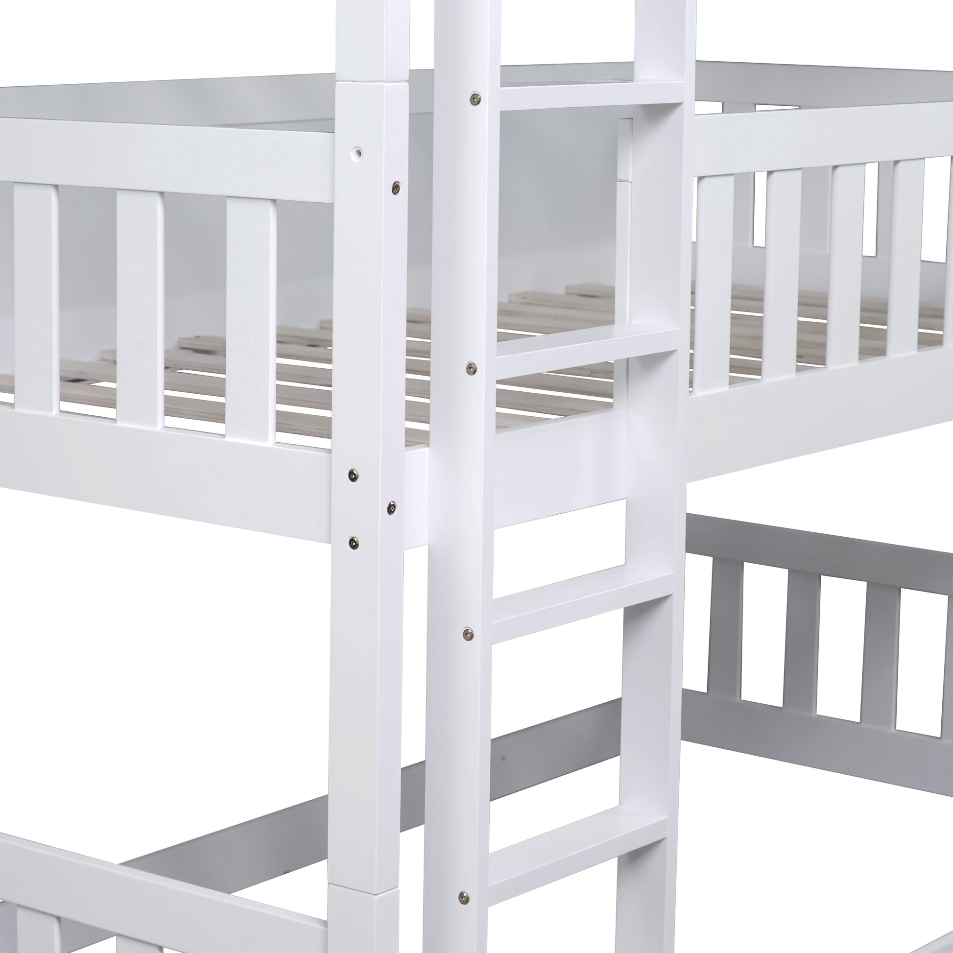 Twin Size Triple Rubber Wood Bunk Bed, With Ladders, Guardrails Detachable Bunk Bed, Twin Over Twin Over Twin,White Twin White Bedroom American Design Bed Frame Rubber Wood