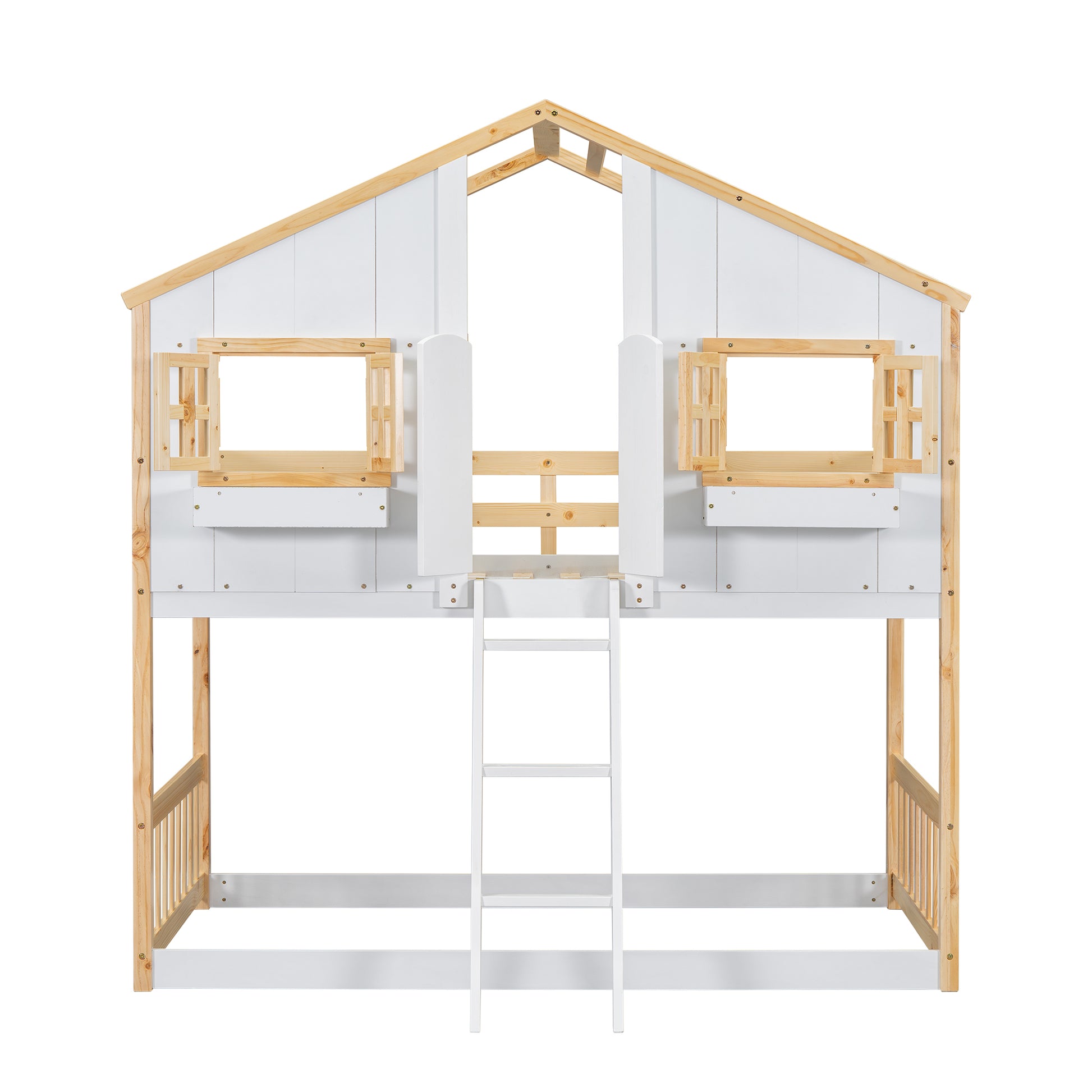 Twin Over Twin House Bunk Bed With Roofwindow, Window Box, Doorwith Safety Guardrails And Ladder, Natural White Twin Natural White Pine