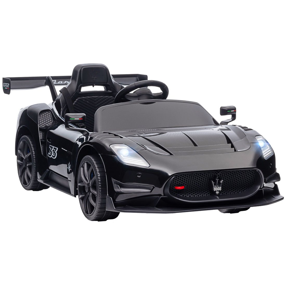 Qaba Maserati Gt2 Licensed Ride On Car, 12V Battery Powered Electric Car For Kids With Shock Absorbers, Auxiliary Wheels, 3Mph Racing Car With Remote, Horn Music Led Lights, Black Black Plastic