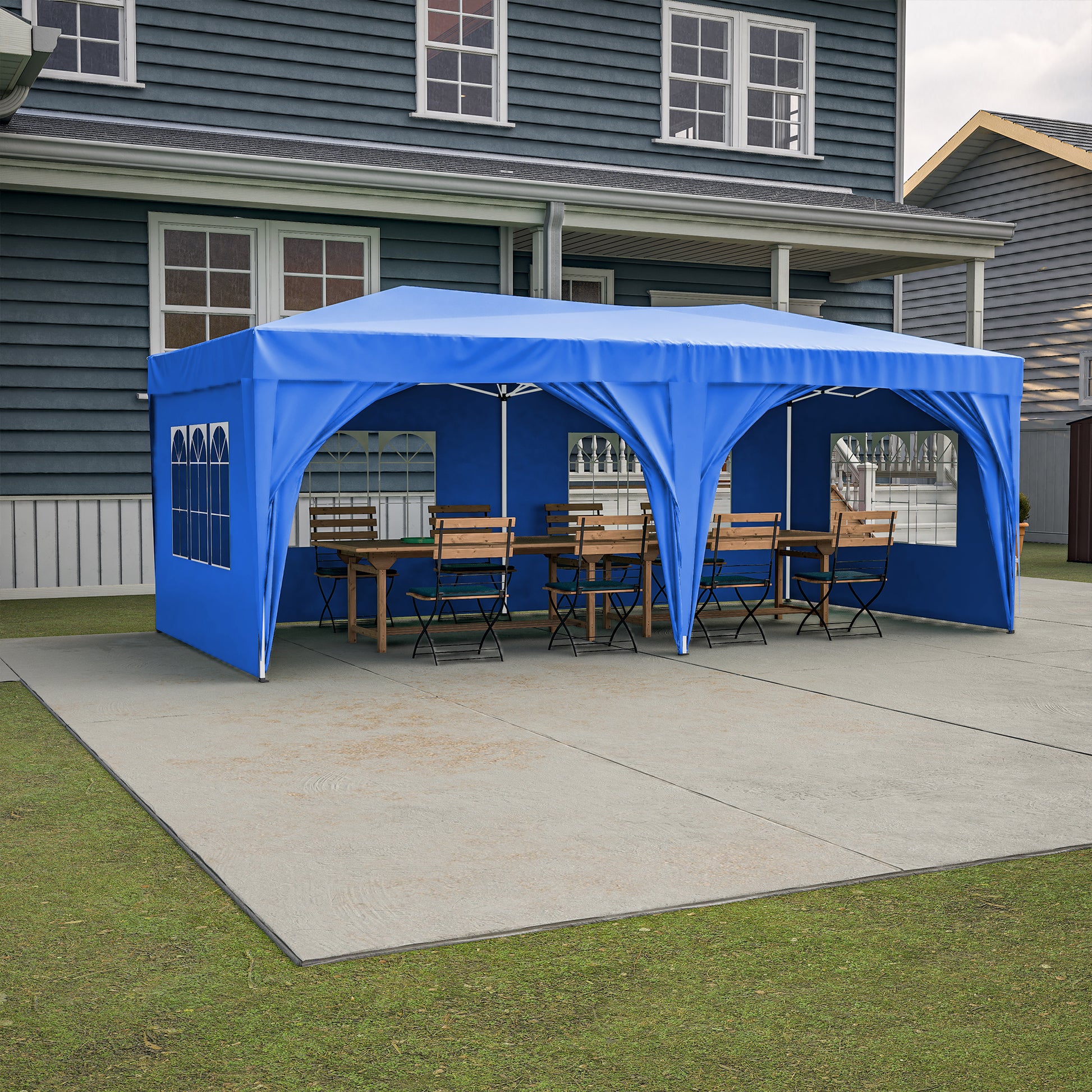 10'X20' Pop Up Canopy Tent With 6 Sidewalls, Ez Pop Up Outdoor Canopy For Parties, Waterproof Commercial Tent With 3 Adjustable Heights, Carry Bag, 6 Sand Bags, 6 Ropes And 12 Stakes, Blue Blue Metal