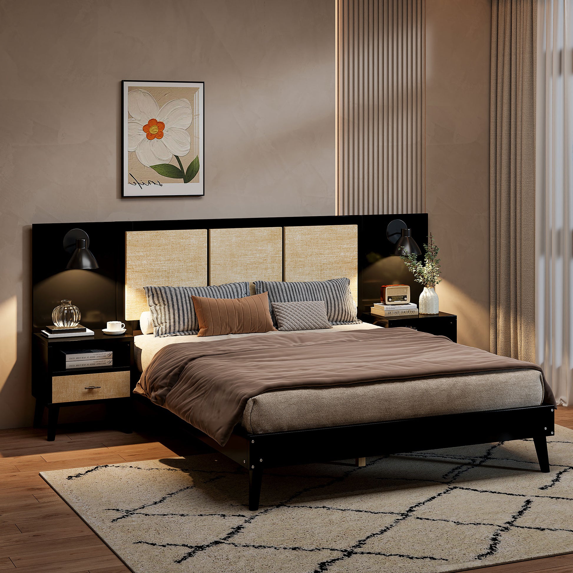 Queen Size Solid Wood Bed Frame With 2 Nightstands, Elegant Design With Lamps, Rattan And Wood Combination,Black Queen Black Wood