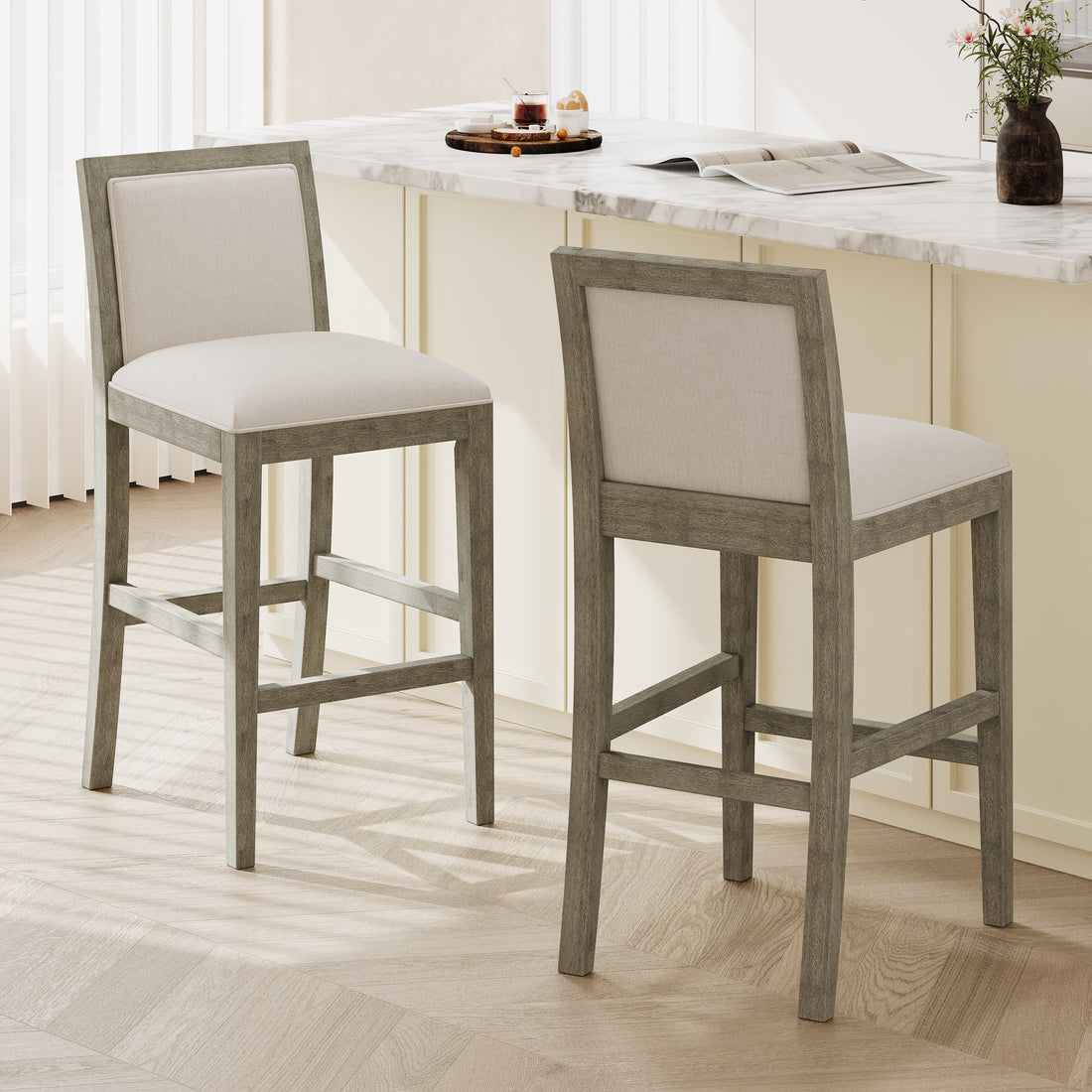 30.5 Inch Height Bar Stools Set Of 2, Rubber Wood Frame,Fabric Sponge Cushion And Upholstered Barstools, Retro Bar Chairs Suitable For Kitchen Island,Bedroom,Dining Room. Rubberwood Beige,Grey Gray