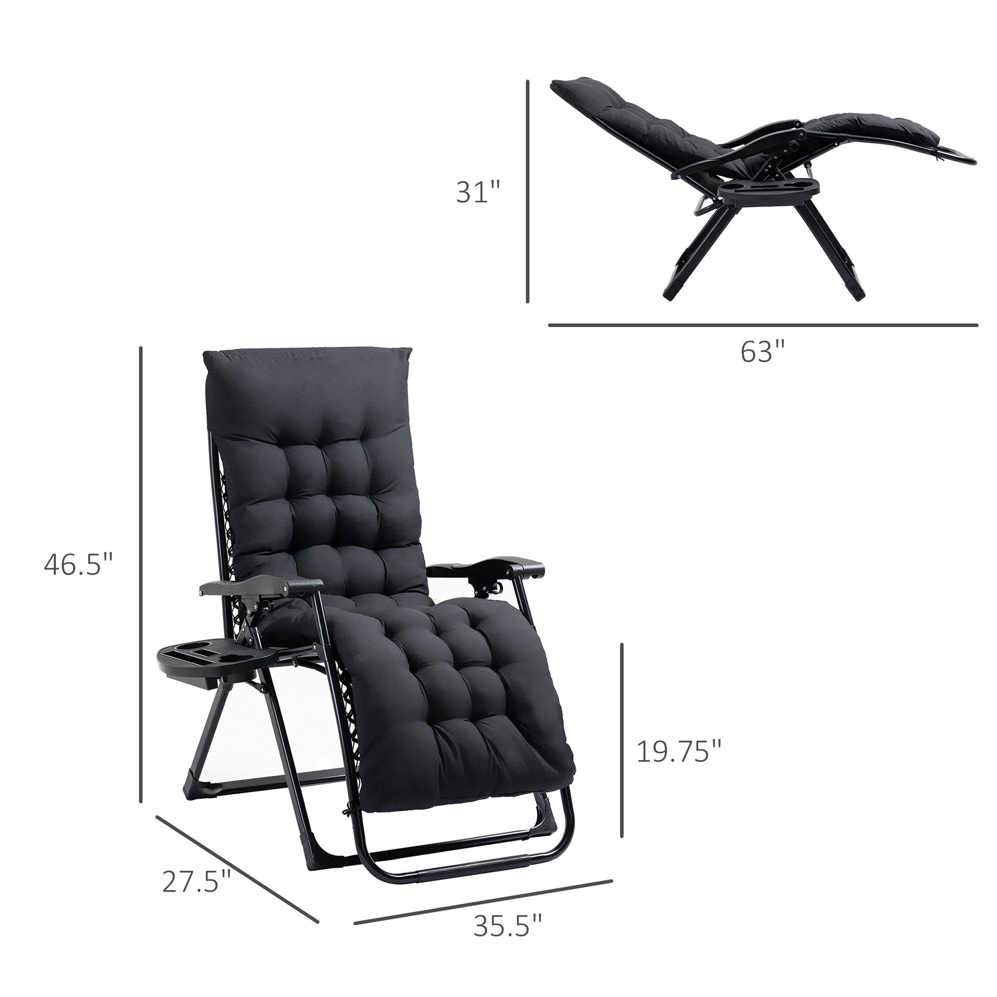 Outsunny Zero Gravity Chair, Folding Reclining Lounge Chair With Padded Cushion, Side Tray For Indoor And Outdoor, Supports Up To 264 Lbs., Black Black Steel