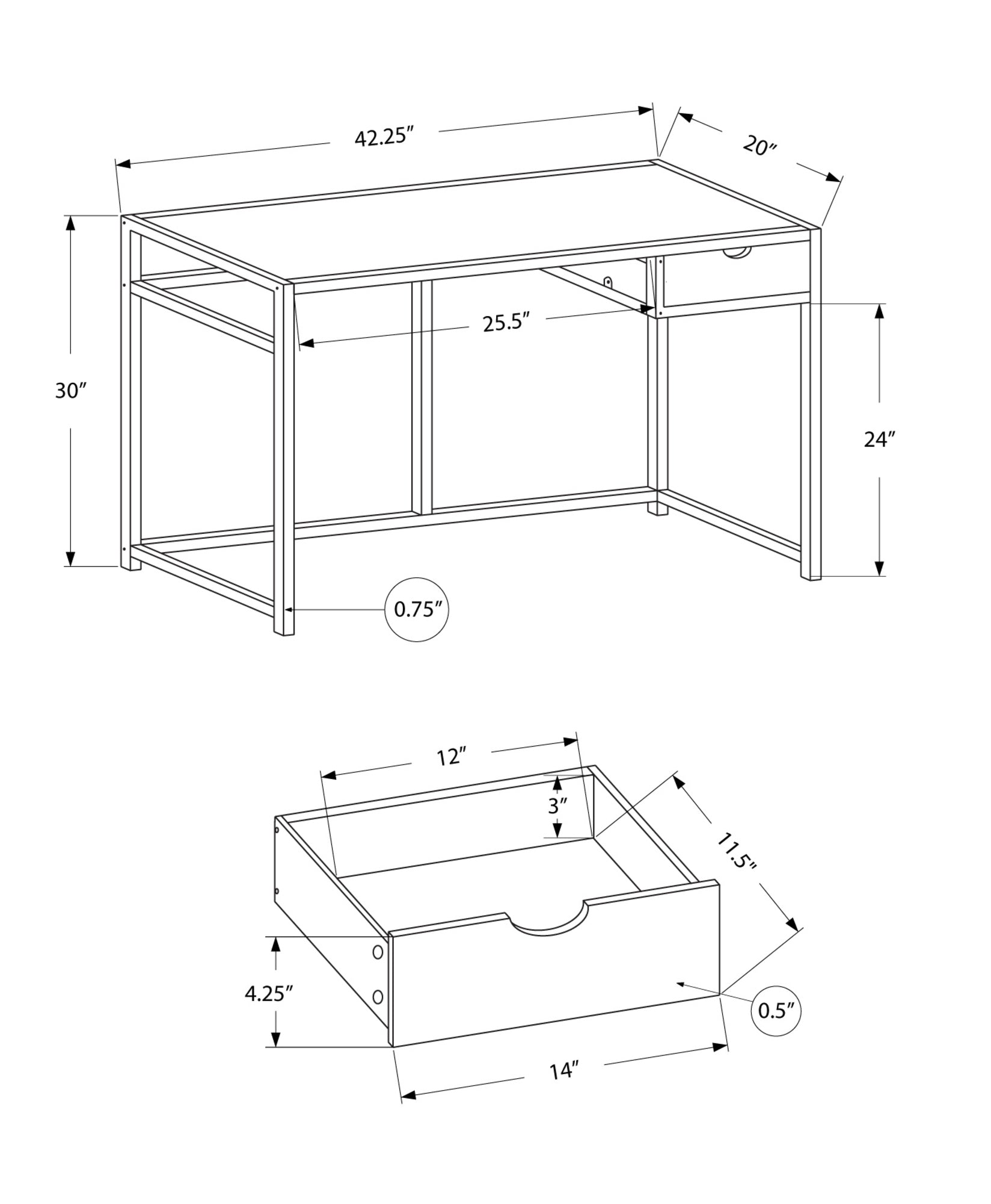 Computer Desk, Home Office, Laptop, Storage Drawer, 42"L, Work, Natural Laminate, White Metal, Contemporary, Modern Natural Mdf