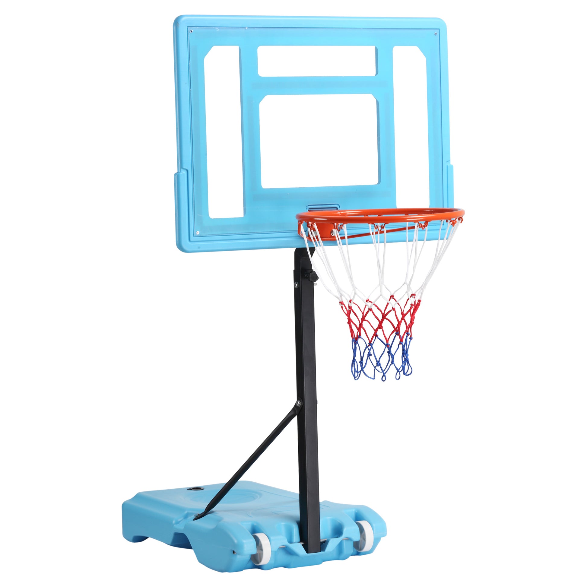 Soozier Poolside Basketball Hoop Stand, 36.5" 48.5" Height Adjustable Portable Hoop System W Clear Backboard & Fillable Base For Whole Family, Blue, Black, Red Multi Steel