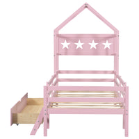 Wood Twin Size House Platform Bed With Guardrail And Drawer, Pink Box Spring Not Required Twin Pink Wood Bedroom Bed Frame Solid Wood Mdf