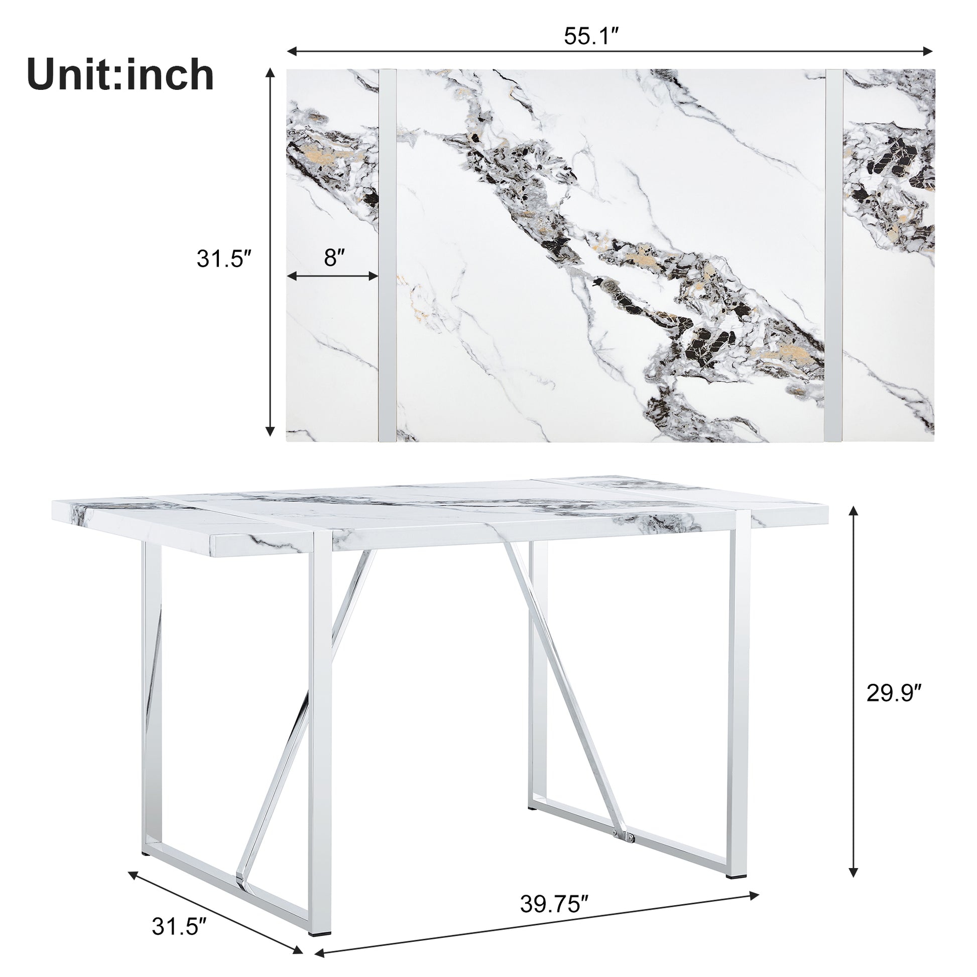 Modern Dining Table, 55 Inch Faux Marble Kitchen Table For 4 People, Rectangular Dinner Table For Dining Room, Home Office, Living Room Furniture, Easy Assembly, White & Silver Only Table White Wood