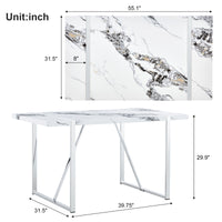 Modern Dining Table, 55 Inch Faux Marble Kitchen Table For 4 People, Rectangular Dinner Table For Dining Room, Home Office, Living Room Furniture, Easy Assembly, White & Silver Only Table White Wood