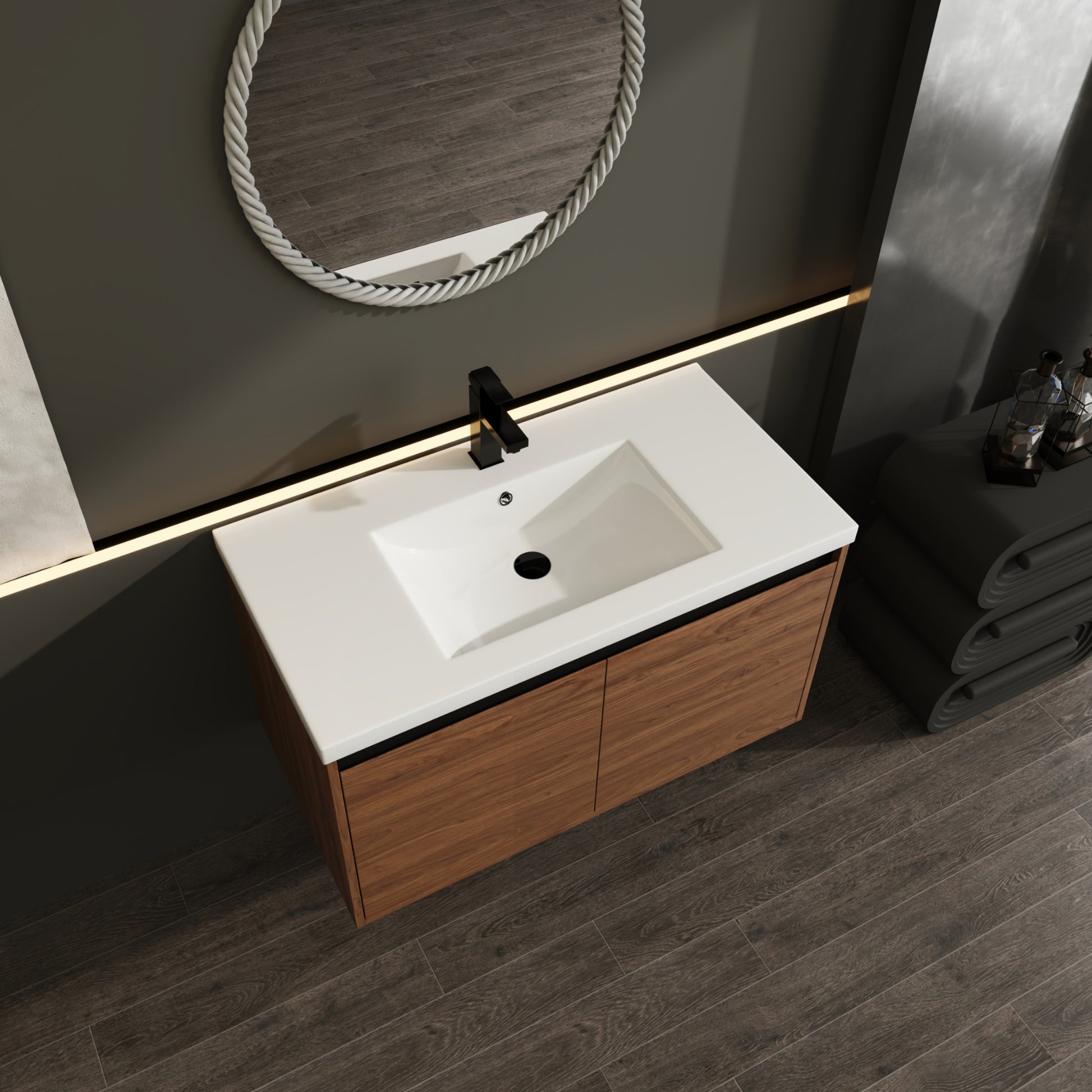 Brown 36 Inch Bathroom Vanity With Resin Countertop Sink, 2 Doors Bathroom Cabinet Set Brown Bathroom American Design Engineered Wood