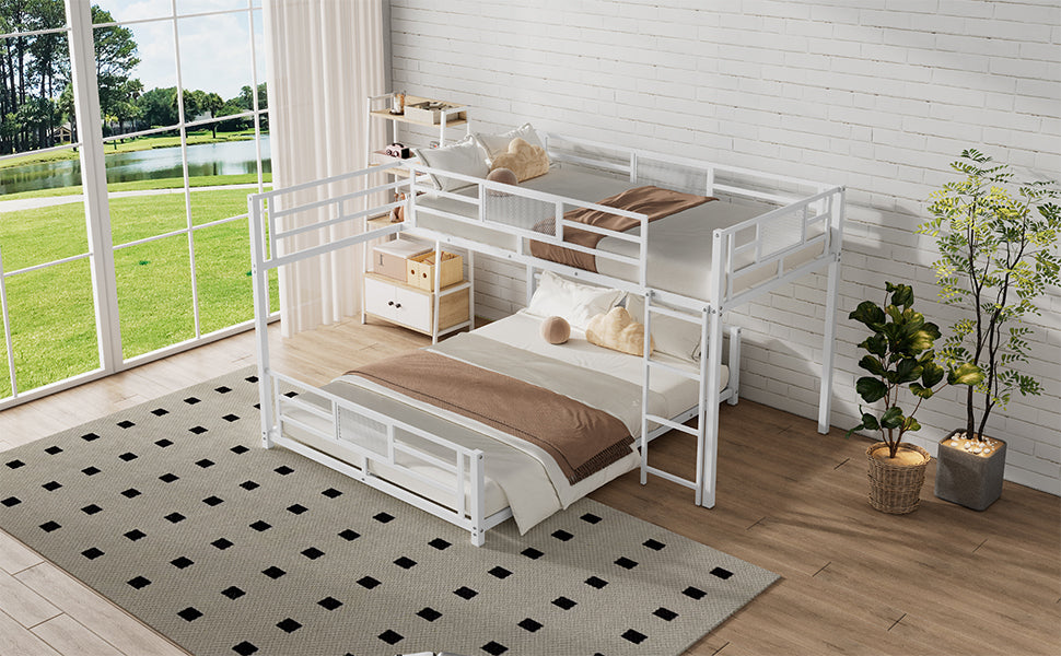 L Shaped Metal Twin Over Full Size Bunk Bed, White Box Spring Not Required White Metal Metal