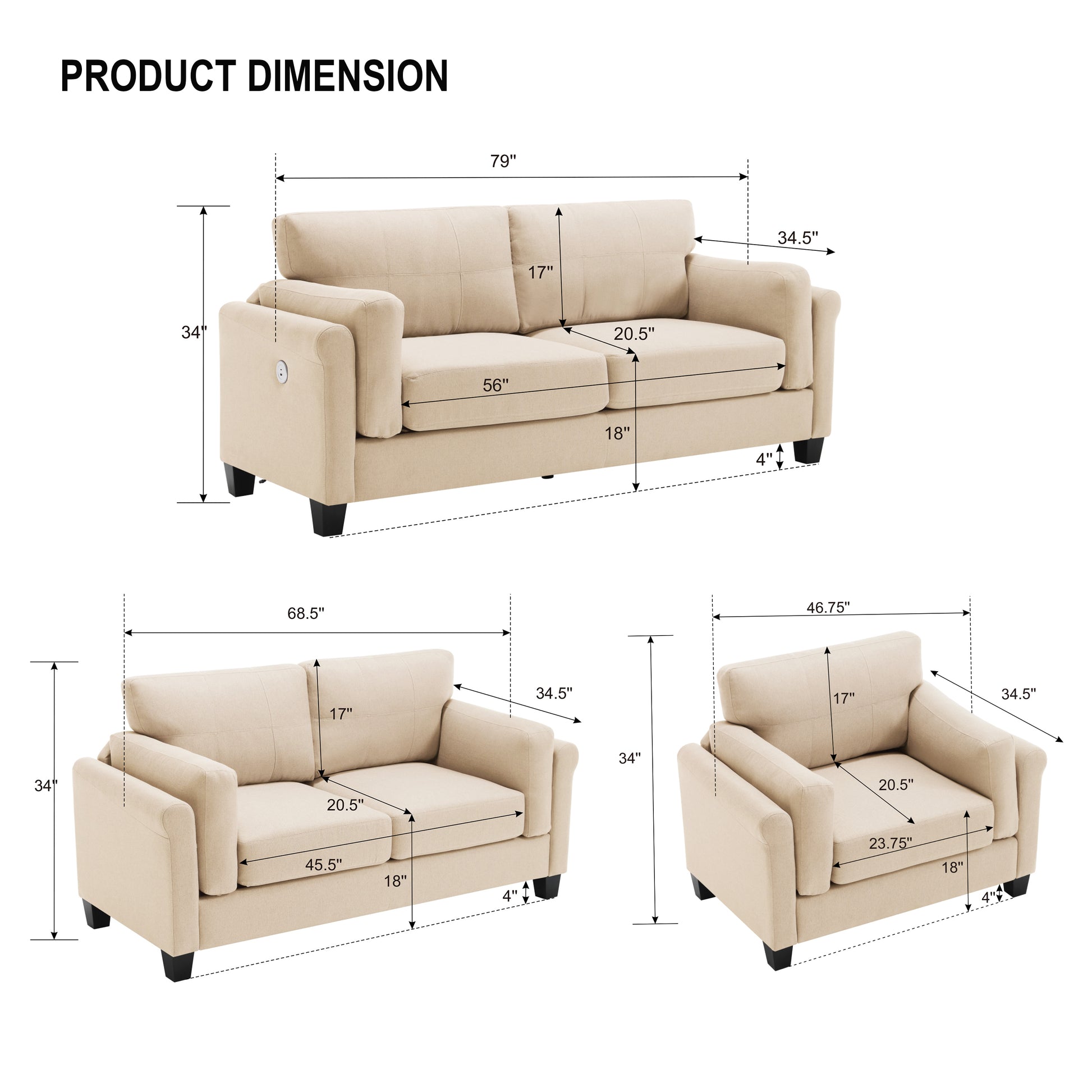 Oversized Modern 3 Pieces Sofa Set For Living Room Double Armrest Comfy Deep Seat Furniture Sets Chair & Loveseat & 3 Seater Couch, Khaki Khaki Primary Living Space Fabric 6 Seat