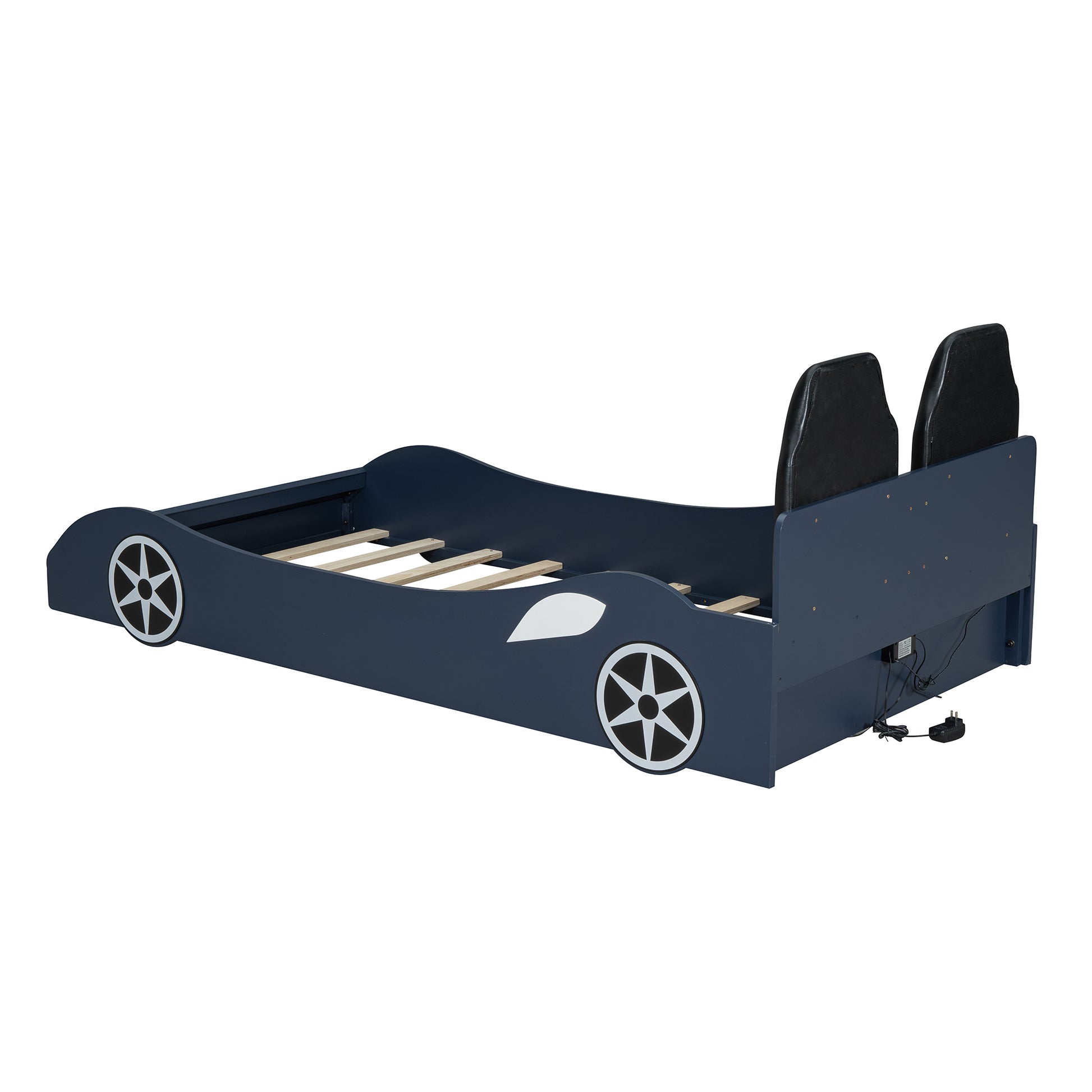 Wood Twin Size Race Car Shaped Platform Bed With Led And Upholstered Backrest, Blue Expected Arrival Time: 10.28 Box Spring Not Required Twin Blue Wood Faux Leather,Solid Wood Mdf