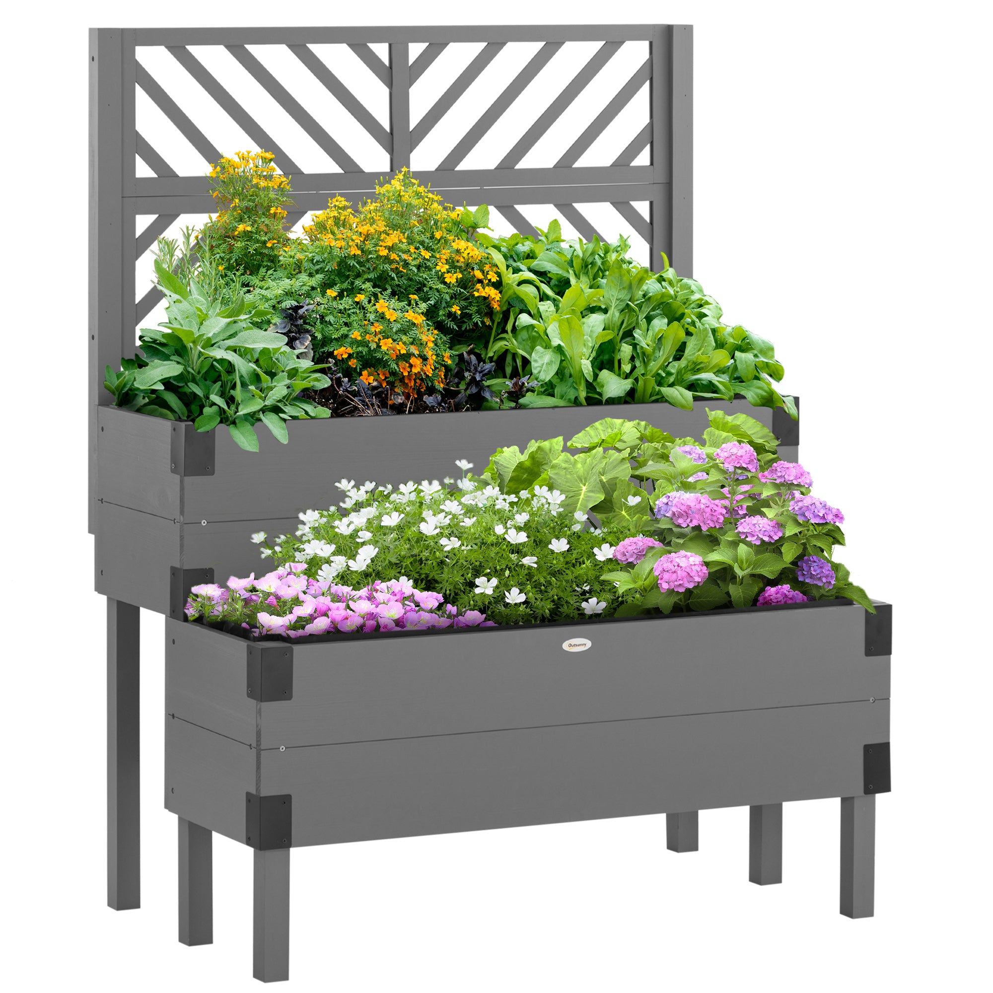 Outsunny Raised Garden Bed With Trellis, 2 Tier Wooden Elevated Planter Box With Legs And Metal Corners, For Vegetables, Flowers, Herbs, Gray Gray Wood