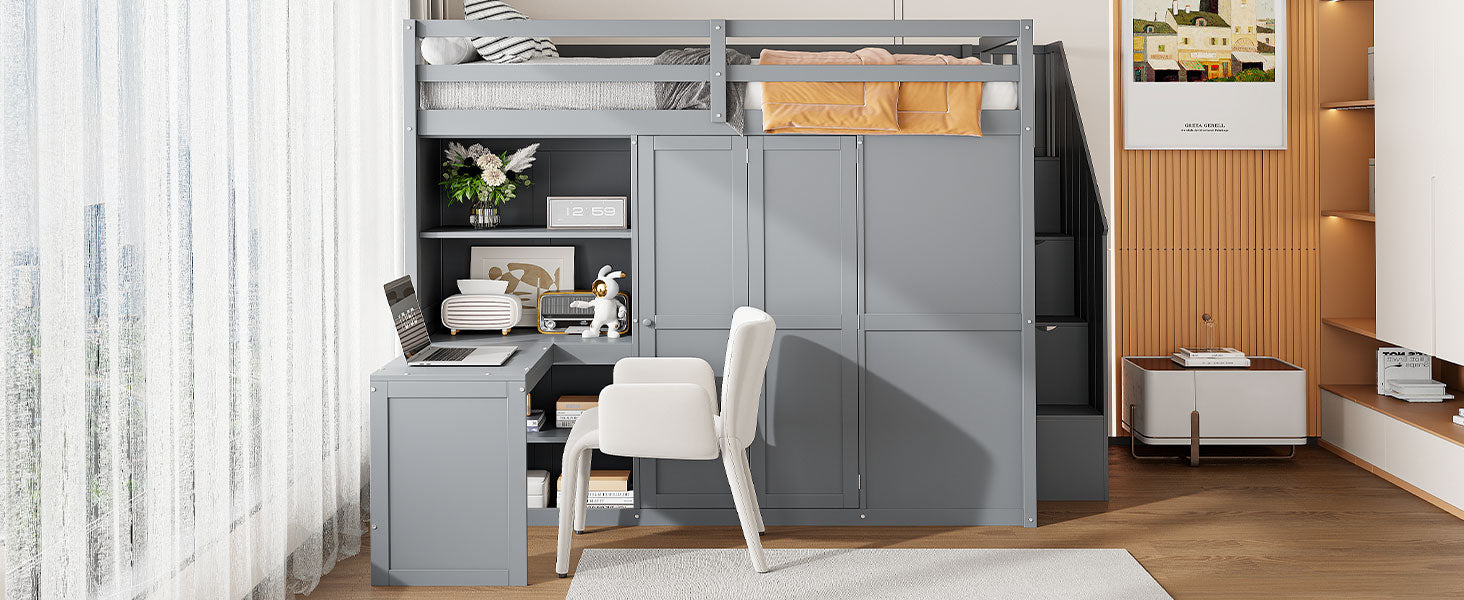 Full Size Bunk Bed With Wardrobe,Desk And Shelves,Grey Grey Mdf Lvl