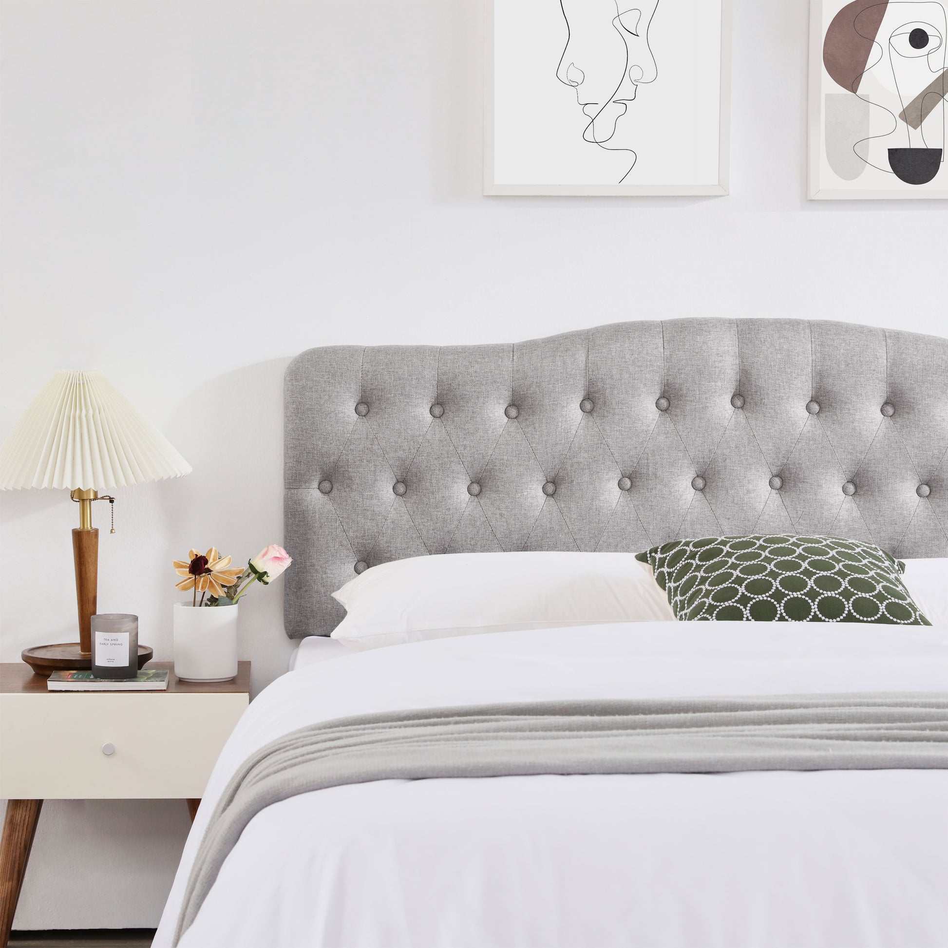 Upholstered Queen Headboard, Button Diamond Tufted Headboard With Adjustable Height And Solid Wood Leg, Linen Fabric Padded Headboard For Queen Size Bed, Mordern Head Board, Grey Queen Grey Bedroom Bed Frame Linen Fabric Metal