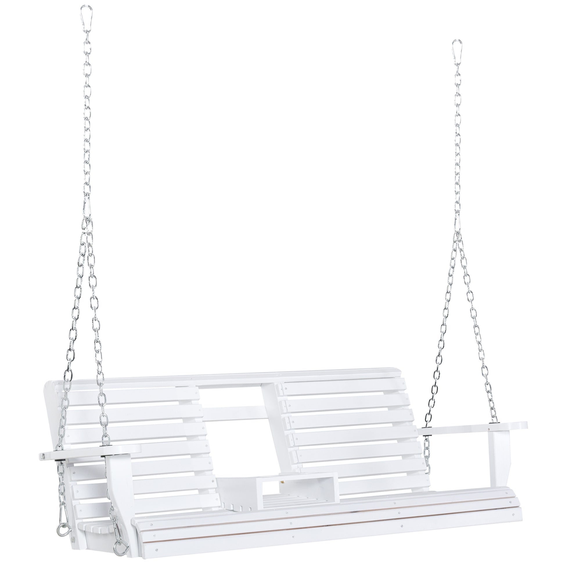 Outsunny 3 Seater Wooden Porch Swing, Patio Swing Bench With Folding Coffee Table, Cup Holders And Chains Included, 440Lbs Weight Capacity, White White Wood