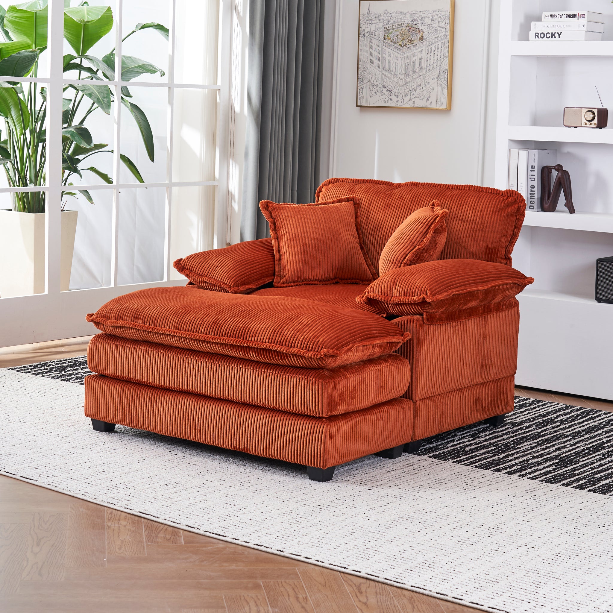 56.3 Inch Corduroy Single Sofa With 2 Toss Pillows And A Ottoman ,Comfy Sofa Deep Seat Couch For Living Room Orange Foam 1 Seat