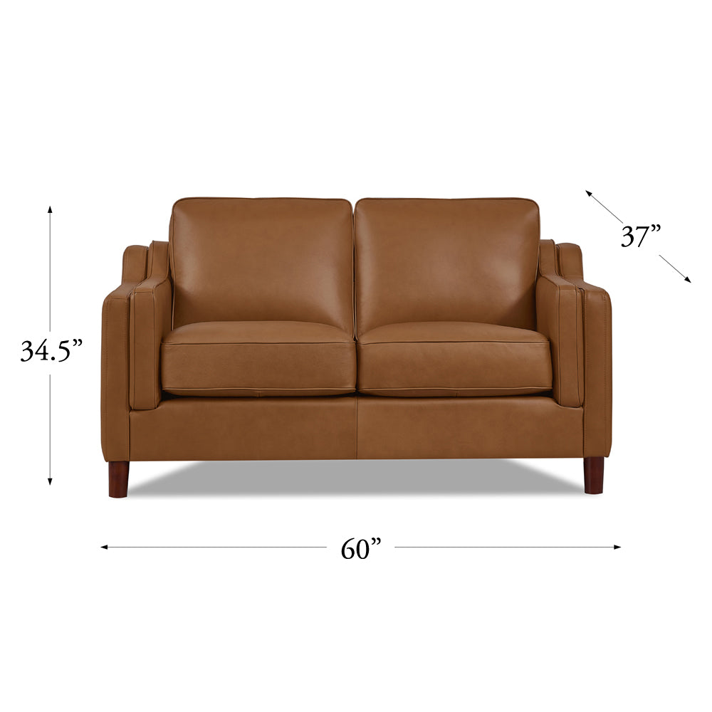 Bella Top Grain Leather Loveseat Brown Genuine Leather Wood Primary Living Space Medium Firm Cushion Back Mid Century Modern Eucalyptus Square Arms Down Filling Leather