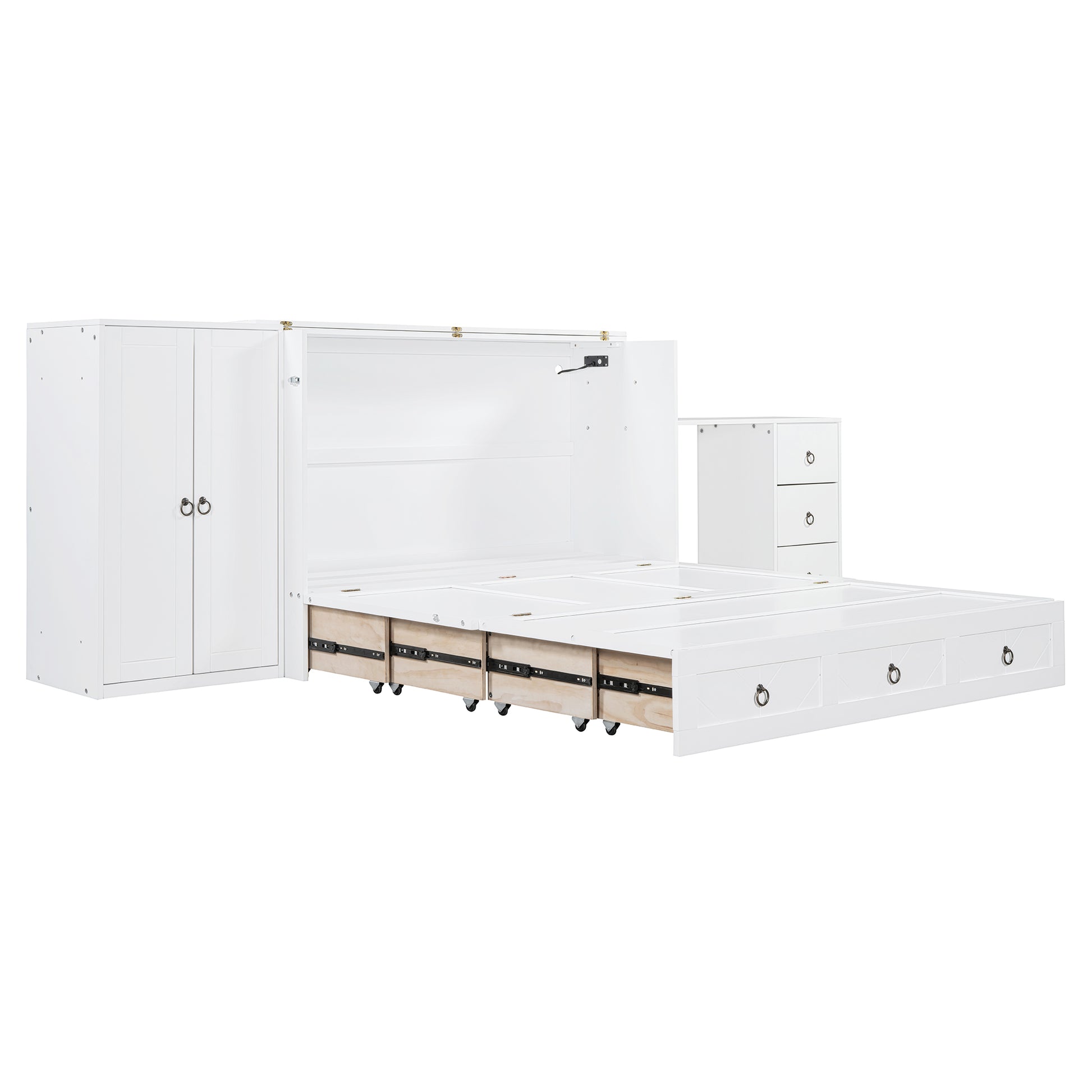 Queen Size Murphy Bed With Usb Port, Large Drawer, And Wardrobe Desk Combo Versatile White Cabinet Bed Queen White Solid Wood Mdf