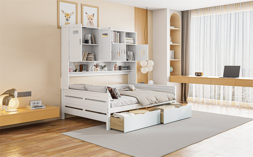 Full Size Wooden Daybed With 2 Drawers, And All In One Cabinet And Shelf, White Full White Wood