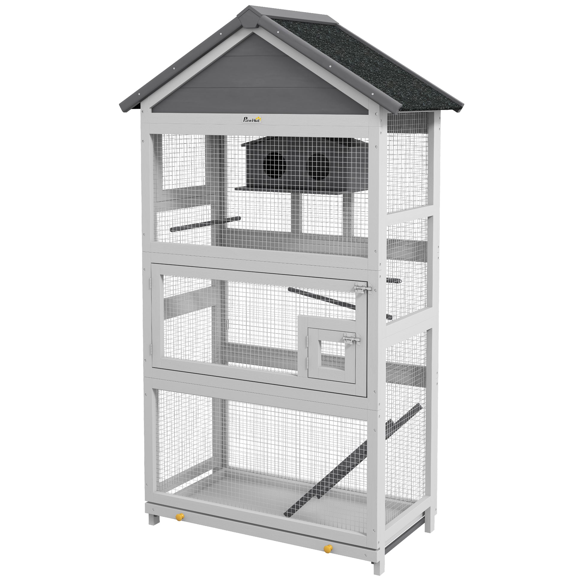 Pawhut Wooden Bird Aviary, 67" Outdoor Bird Cage With Slide Out Tray, Three Doors, Birdhouse, Ladder, Perches For Finches, Parakeets, Gray Gray Wood