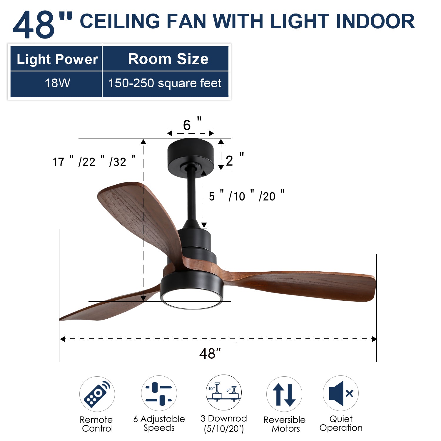 48 Inch Wood With 3 Solid Wood Blades Remote Control Reversible Dc Motor For Living Room Black Metal & Wood