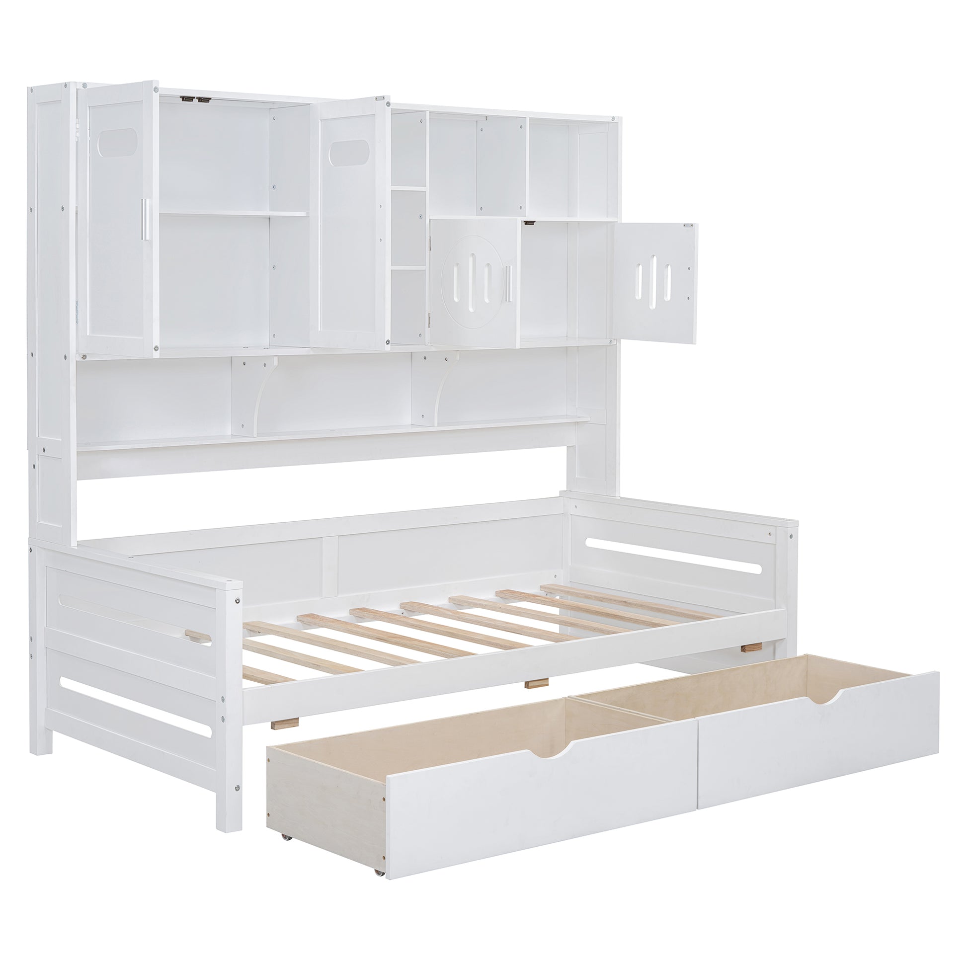 Twin Size Wooden Daybed With 2 Drawers, And All In One Cabinet And Shelf, White Twin White Wood