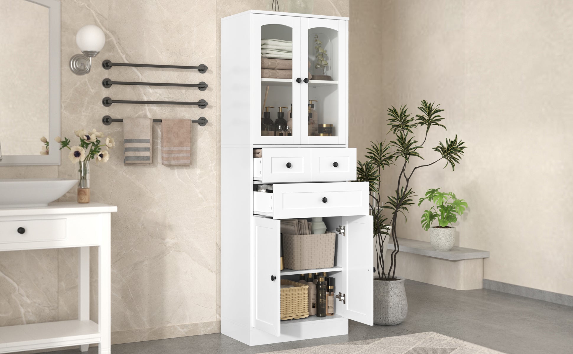 Tall Bathroom Storage Cabinet, Cabinet With Four Doors And Drawers, Adjustable Shelf, Mdf Board, White White Mdf