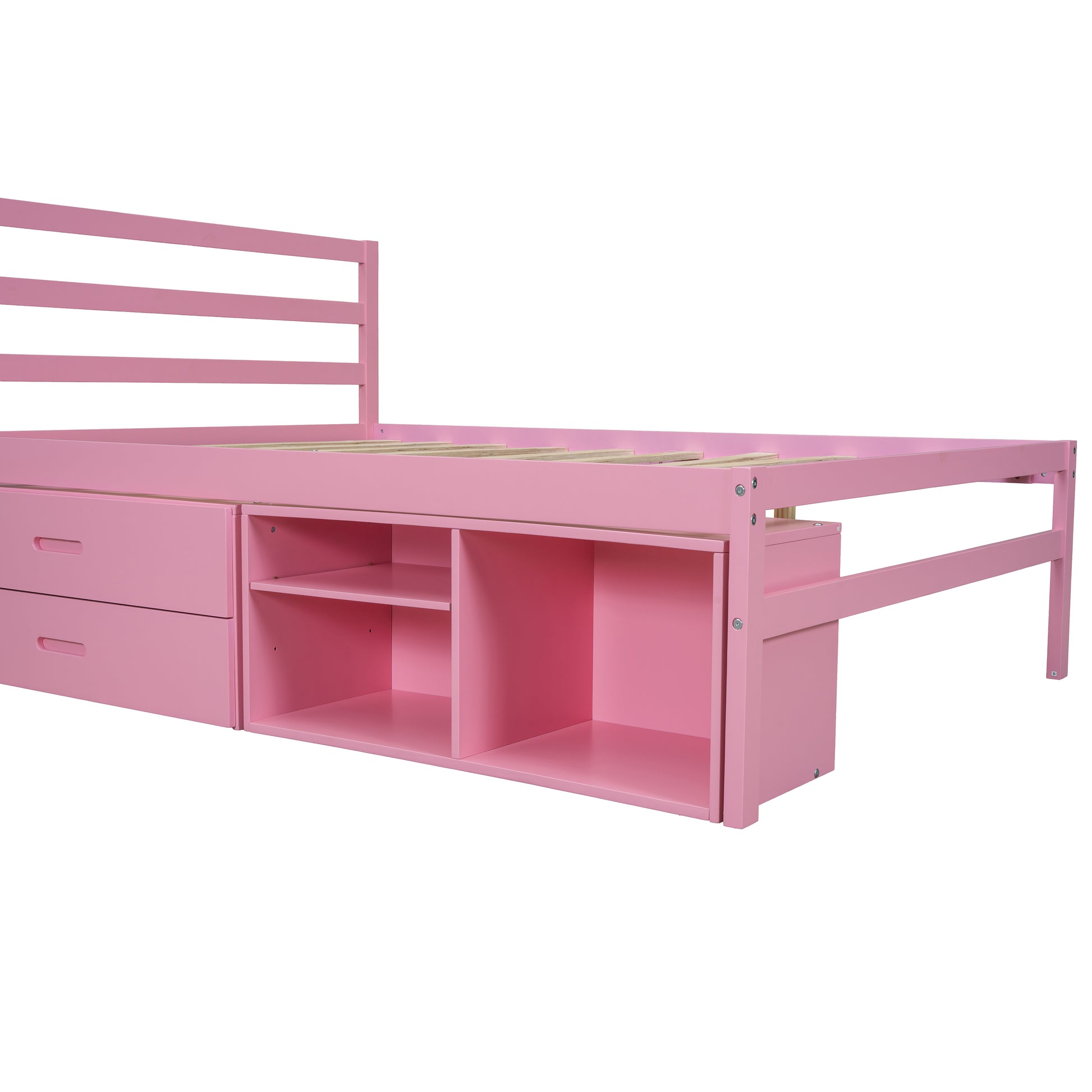 Full Size Wood Platform Bed With Removable Storage Shelves, Built In Two Storage Drawers For Added Convenience, Pink Full Pink Wood